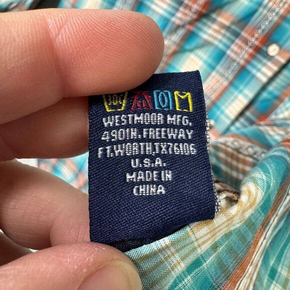 Rough Stock Panhandle Slim Shirt Mens Medium Pearl Snap Turquoise Brown Plaid - Picture 10 of 14